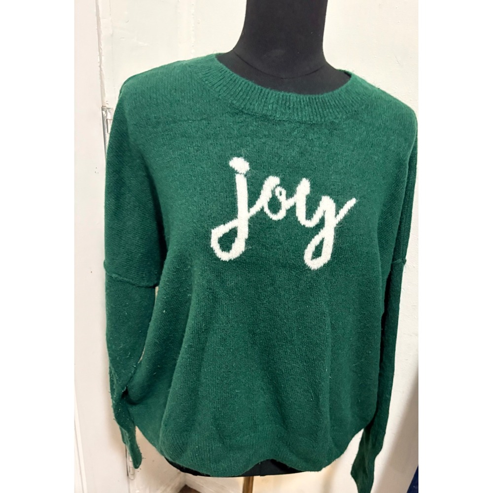 CeCe Womens Green Joy Graphic Intarsia Knit Crew Neck Holiday Sweater Large
